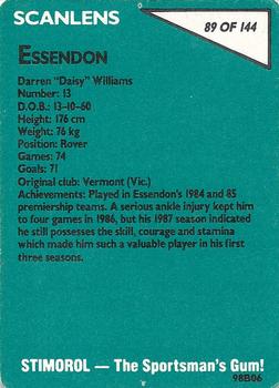 1988 Scanlens VFL #89 Darren Williams Back